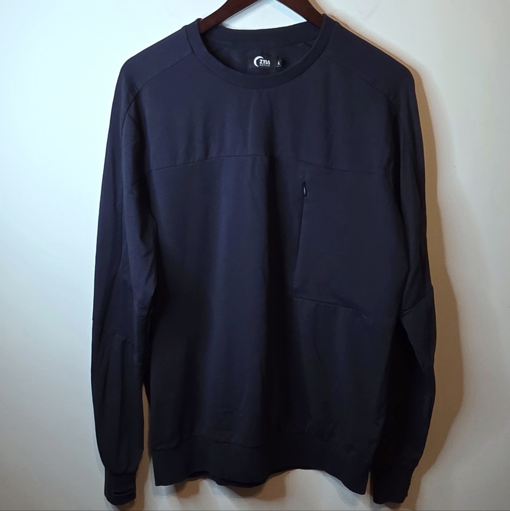 Zyia Active Navy Men's Technical Crewneck Sweatshirt Vertical Zip Pocket Large